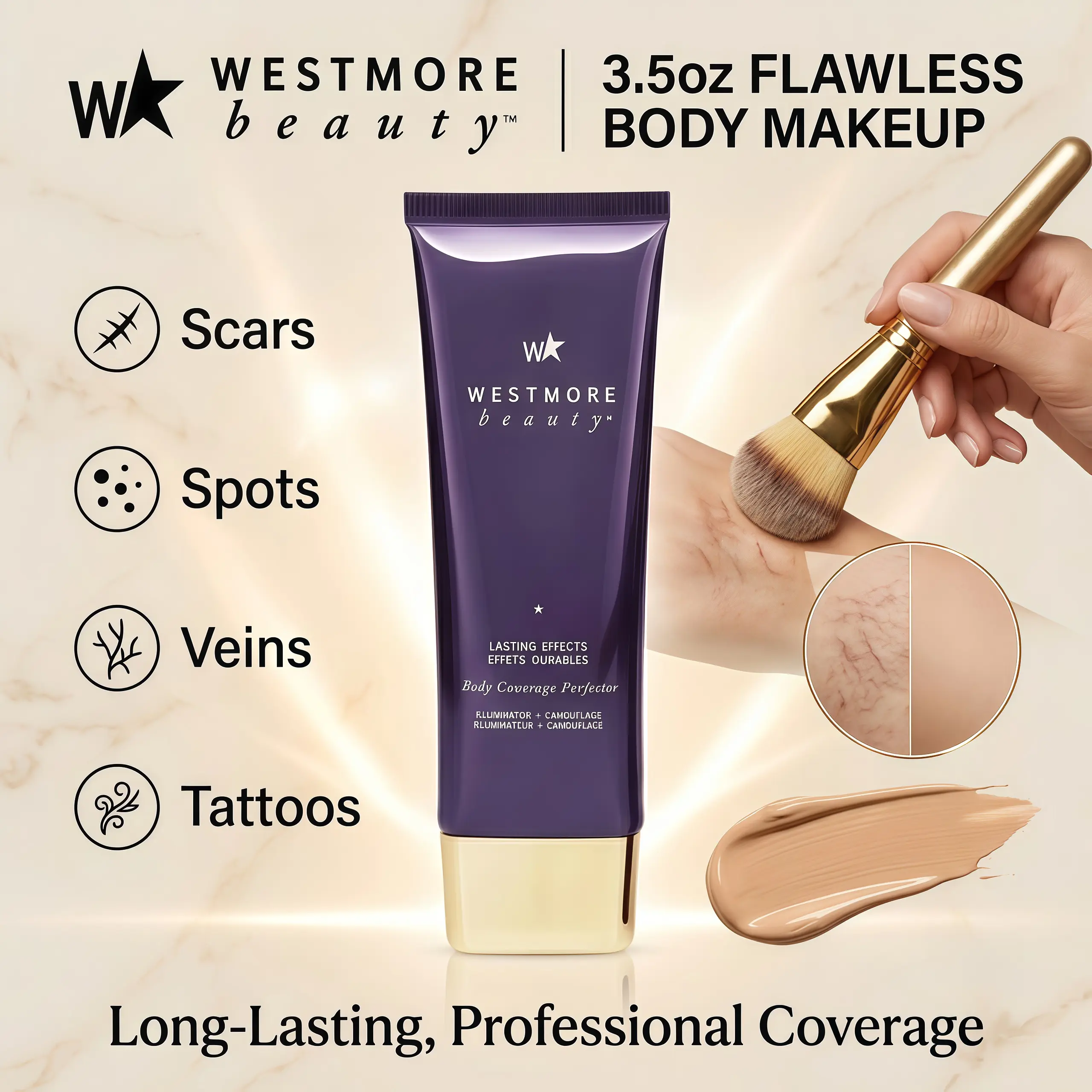 Westmore Beauty Body Coverage Perfector 3.5oz  Flawless Body Makeup, Concealer for Scars, Spots, Veins, Tattoos and More Blend Cosmetic