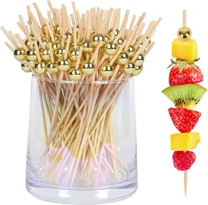100 PCS Gold Pearl Cocktail Picks 4.7 Inch Bamboo Toothpicks for Appetizers Drinks & Elegant Party Presentation Oral Dental Floss Kitchen Utensils Disposable Fruit Skewers Party Tableware Set Indoor Lightweight Smooth