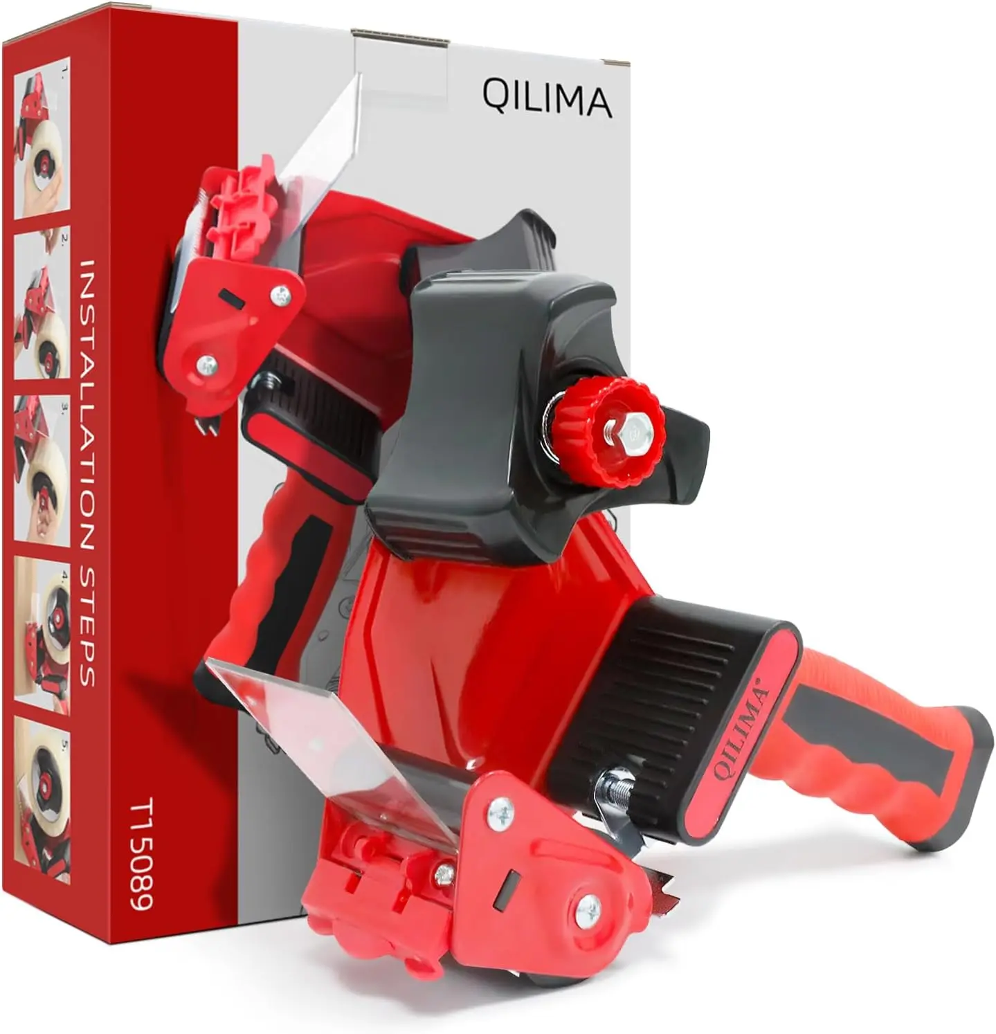 Packing Tape Dispenser Gun 2" Light Seal for Shipping Moving Carton Box Sealing Red Hand-held Easy Operation T15089 with Soft Rubber Handles and Adjustable Band Brake