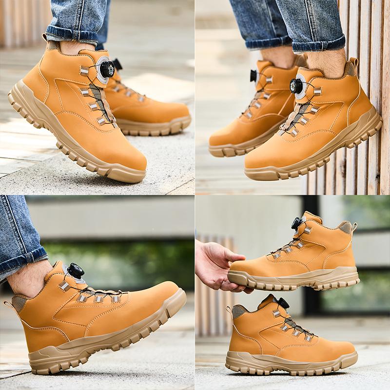 Men’s safety shoes with steel toes, impact-resistant and puncture-proof; non-slip, wear-resistant high-top safety boots; quick lace-up with rotating buttons; waterproof, splash-resistant upper; suitable for construction sites, durable and long-lasting.