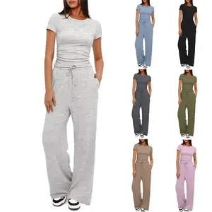 TFNOSIZE Women’s Summer Sports Set – Short-Sleeve Crewneck T-Shirt and Wide-Leg Pants Two-Piece Set, Stretch Fabric, Suitable for Yoga, Casual Wear, Daily Exercise, Fitness, Running, and Fashionable Women’s Clothing Set