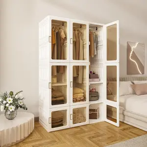 Portable Wardrobe Closet Storage Organizer for Clothes, Transparent Door Panels, Suitable for Living Room Bedroom, Plastic Wardrobe with Magnetic Door and Easy Assembly 3 Hanging Rod