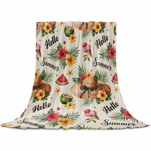 Summer Beach Throw Flannel Blanket for Couch Sofa Bed, Straw Hat Coconut Watermelon Tropical Microfiber Soft Fleece Blankets All Season Warm Cozy Bedding for Women Men Kids,