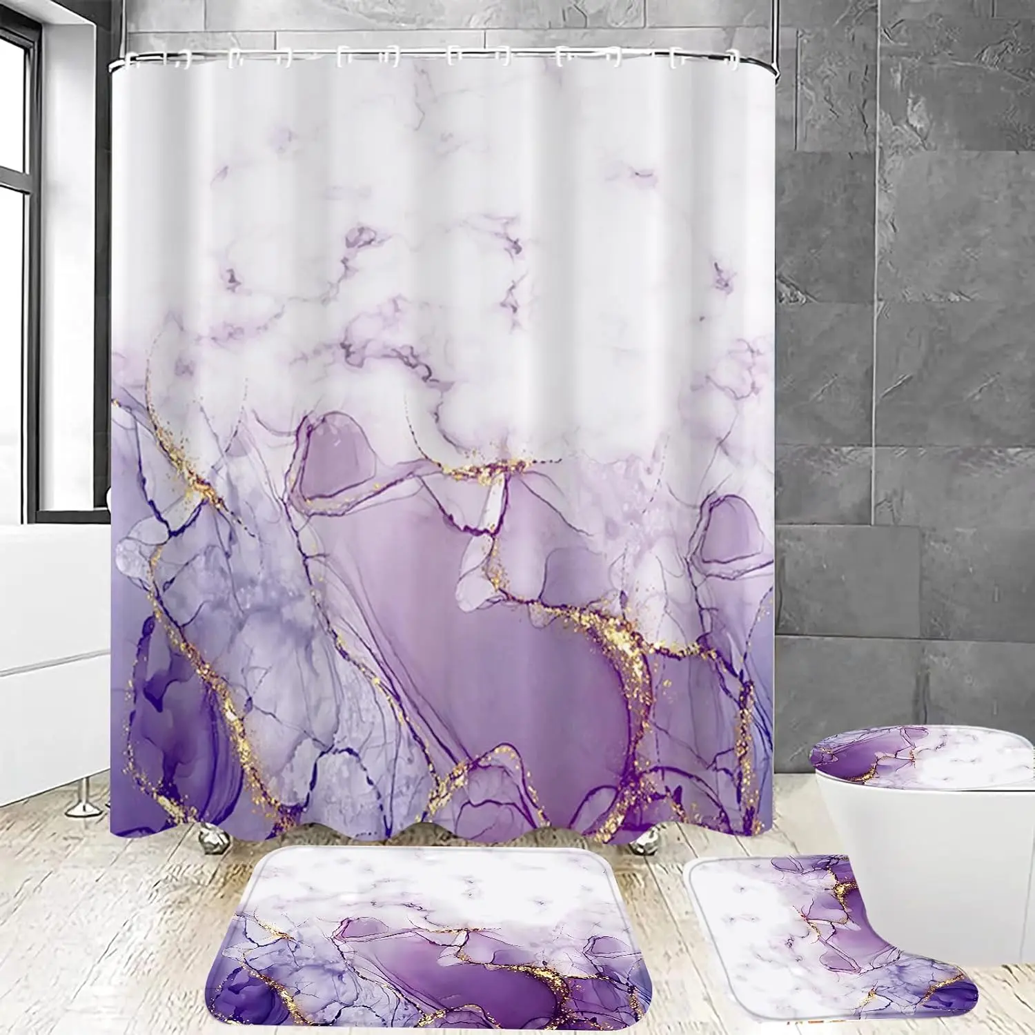 4 Pcs Purple Marble Shower Curtain Set with Gold Glitter, Bathroom Accessories Shower Curtain Bath Mat Rug Toilet Lid Cover,Waterproof Polyester, 72x72 Inches, Luxury Glam Bathroom Decor