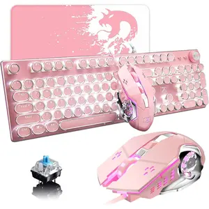 Pink Typewriter Keyboard and Mouse,Retro Vintage Mechanical Gaming Keyboard with White LED Backlit,104  Anti-Ghosting Blue  Wired Cute Keyboard,Round Keycaps for Desktop PC/Laptop