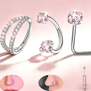 3pcs 20G 8mm Nose Piercings Nose Rings for Women Set Surgical Titanium Metal Double Hoop Hinged Nose Rings Titanium Horseshoe Nose Ring with Gem Picker Nose Stud Cool Mothers Day Gift Ideas