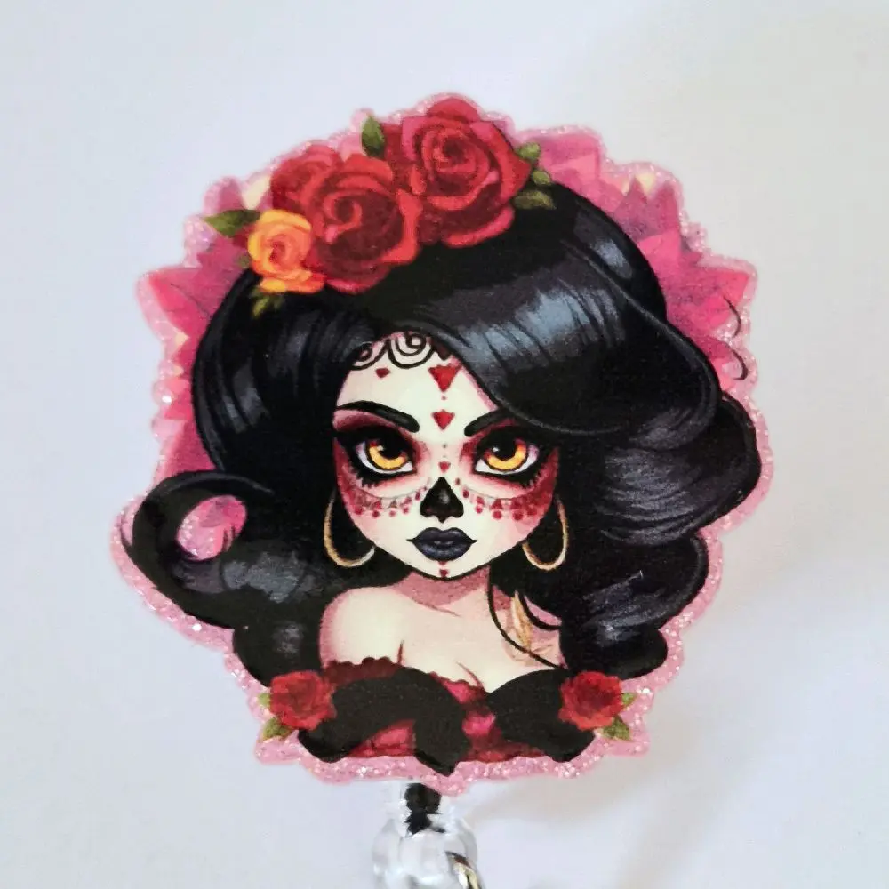 Sugar Skull La Catrina Glitter Acrylic Retractable Badge  ID Reel Belt or Alligator Clip Halloween Themed Skeleton Nurse