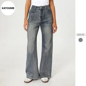 KatchMe Women's Vintage Mid-Rise Denim Multi-Pocket Wide Leg Jeans, Versatile Women's Bottom, Streetwear Outfits, Distressed Denim Trousers