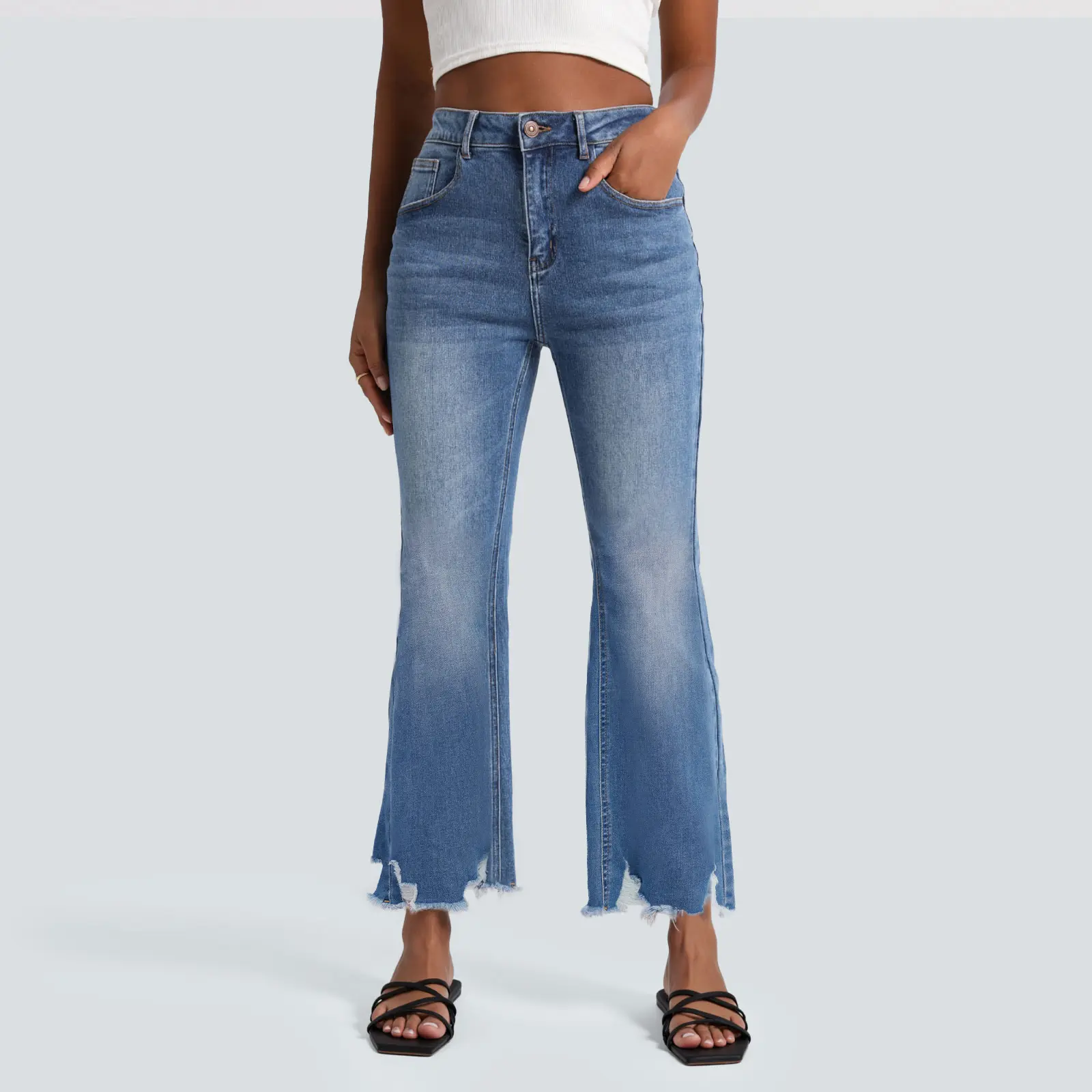 FireSwan Women's 2026 High-Waisted Raw Hem Stretch Denim Cropped Boot Cut Jeans - Minimalist Basic Streetwear, Tassel-Wash Pockets, Casual Greenish, Relaxed Bootcut, Embellished #TikTokShopSpringGlowUp, High Waisted Jeans,summerwins summerwins