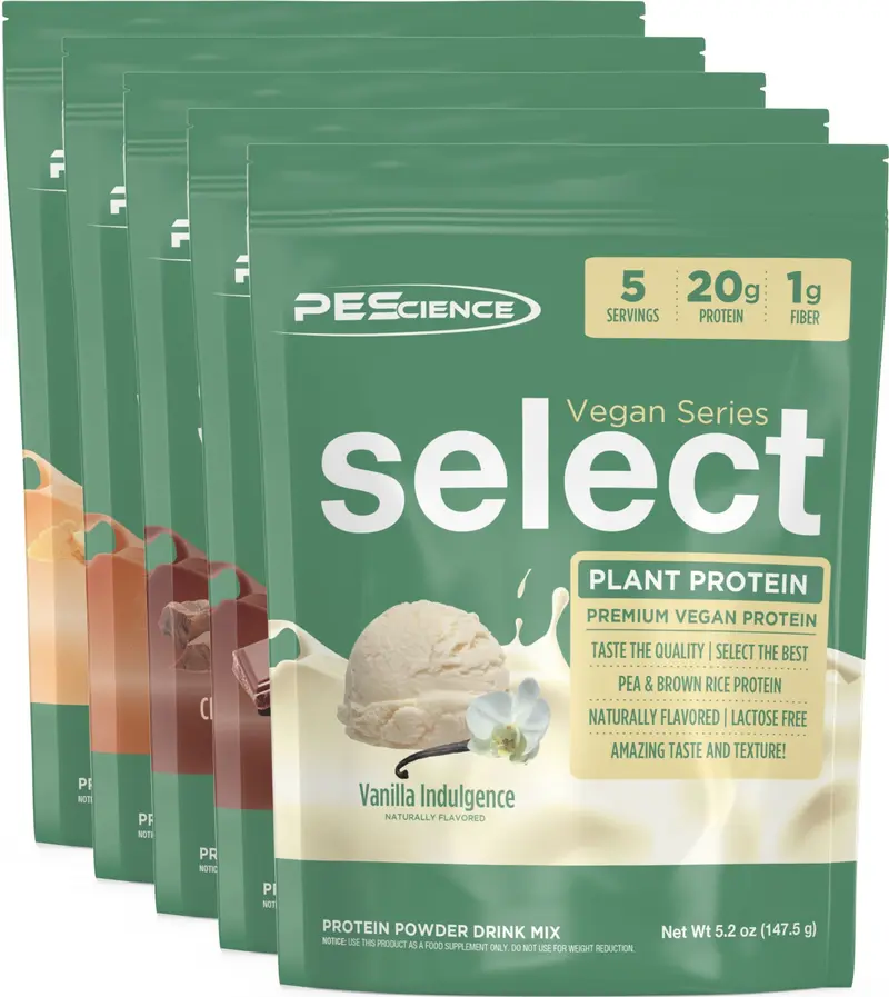 PEScience Vegan Select Protein Variety Pack - Try 5 Flavors - 25 total servings of Premium Blend Plant-Based Protein for Muscle Recovery and Sustained Energy