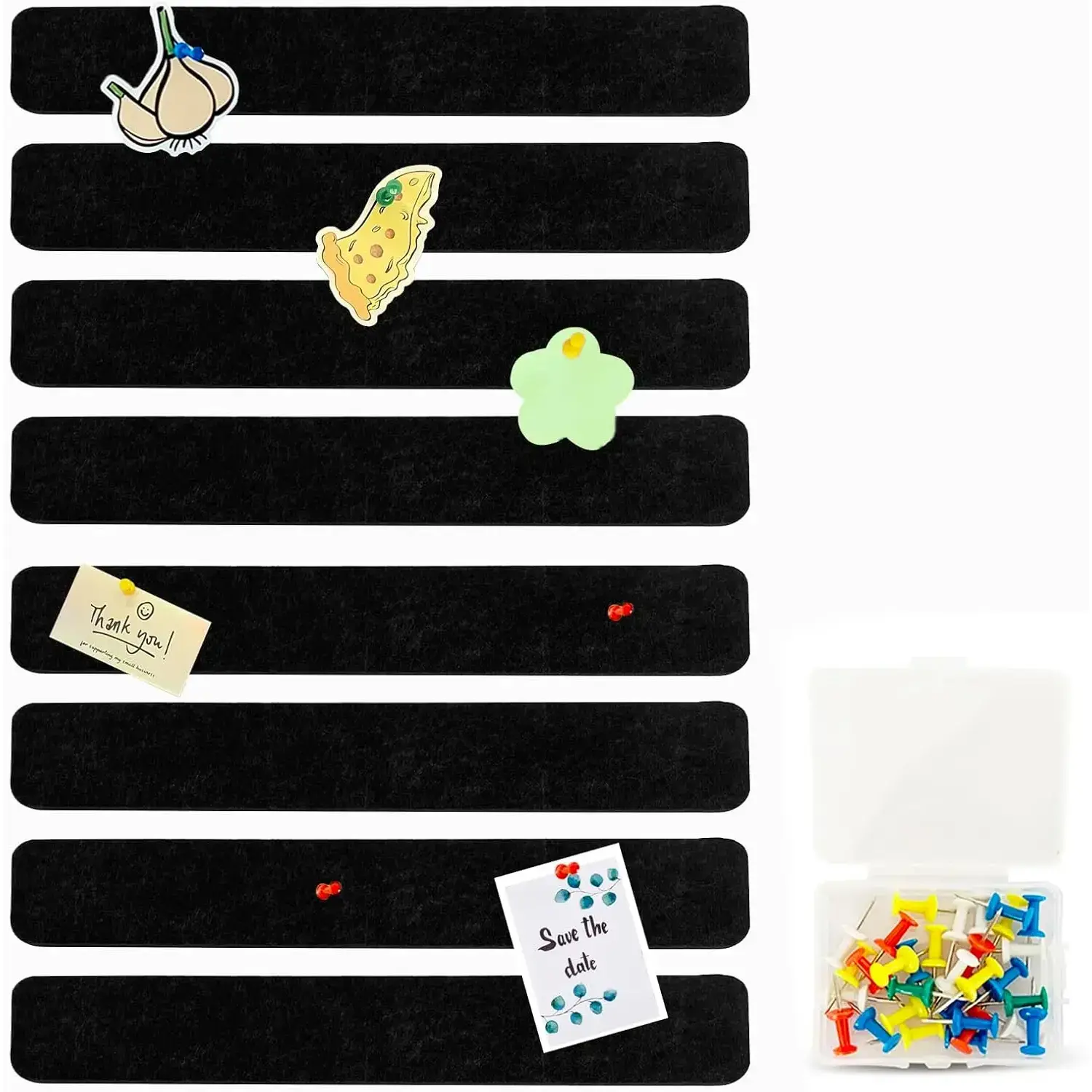 8 Pcs Black Felt Pin Board Bar Strips Bulletin Board ，Self-Adhesive Bulletin Board Bar Strips，Cork Boards for Walls with 35 Pushpins, for Paste Notes, Photos, Office Home Classroom