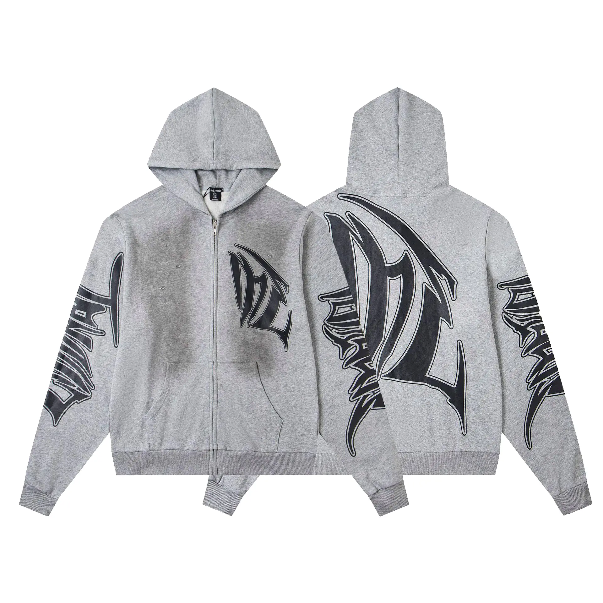 MIXED EMOTION Certified Professional Y2K Premium Quality Heather Grey Dirty Wash Gothic Tribal Graphic Zip Up Hoodie Casual Loose Fit