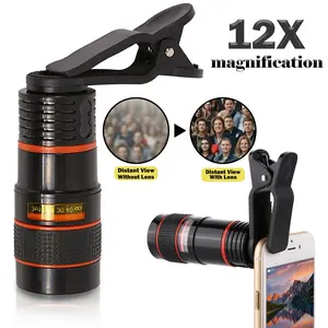 Telescopic mobile phone, 12x high-definition monocular lens, convenient high-definition optical zoom clip-on telephoto, comes with clip cleaning cloth, suitable for iPhone Android bird watching concert hiking camping outdoor