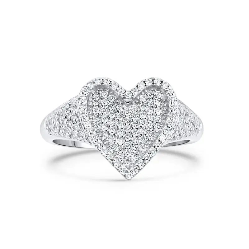 Women's Silver-Tone Full Pave Hand-Set CZ Heart Statement Ring - Iced-Out Brilliant-Cut Cocktail Ring, Romantic Love Jewelry for Prom Anniversary, Perfect Valentine Birthday Gift, Trendy Bold Stackable Piece