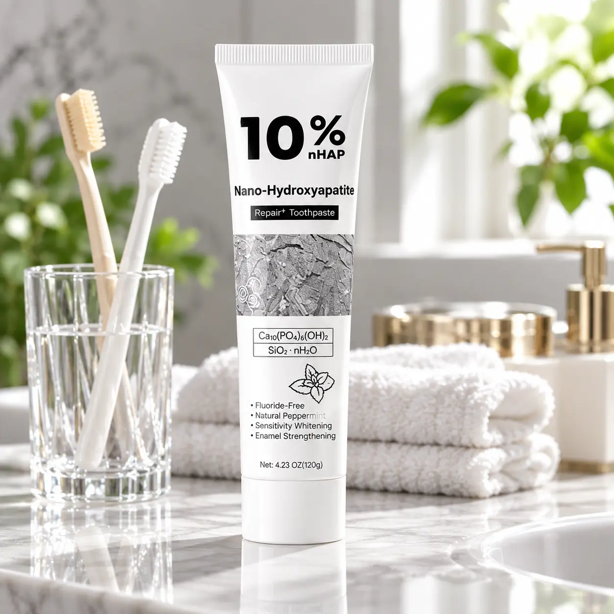 10% Hydroxyapatite Toothpaste, Fluoride Free Enamel Care Toothpaste, Nano Hydroxyapatite Remineralising Toothpaste for Daily Oral Care, Fresh Mint, 120g per Tube Cleansing Restore