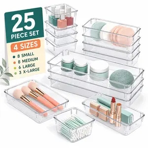 8 Pack / 25 Pack Clear Plastic Drawer Organizer Trays, Stackable Non Slip Dotted Base Drawer Divider Inserts, Transparent Space Saving Storage Bins for Makeup Vanity Bathroom Toiletries Kitchen Utensils Office Desk Bedroom Dresser Drawer Sorting.