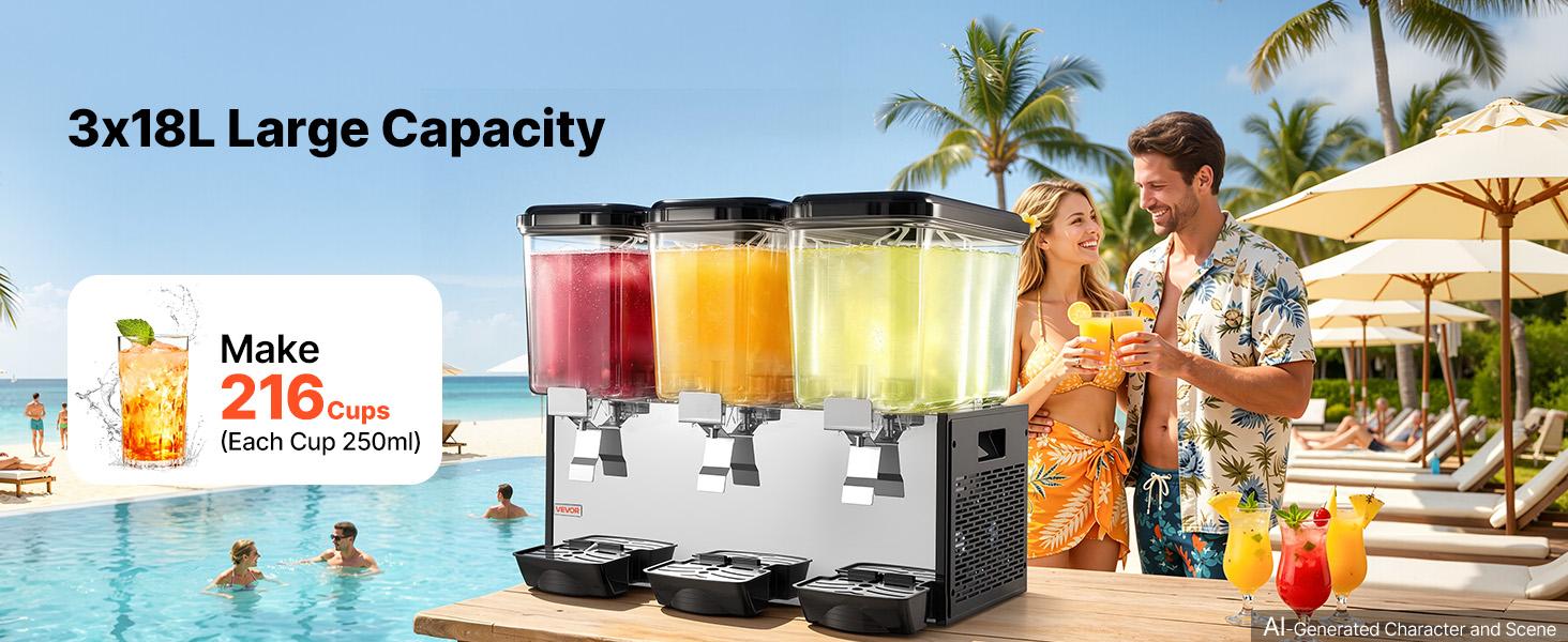 VEVOR Commercial Beverage Dispenser, 3-Tank Cooling Drink Machine with 18L/19QT Per Tank, Stainless Steel Build, 45℉-54℉ Temperature Control, Commercial Look for Restaurants, Three Tanks