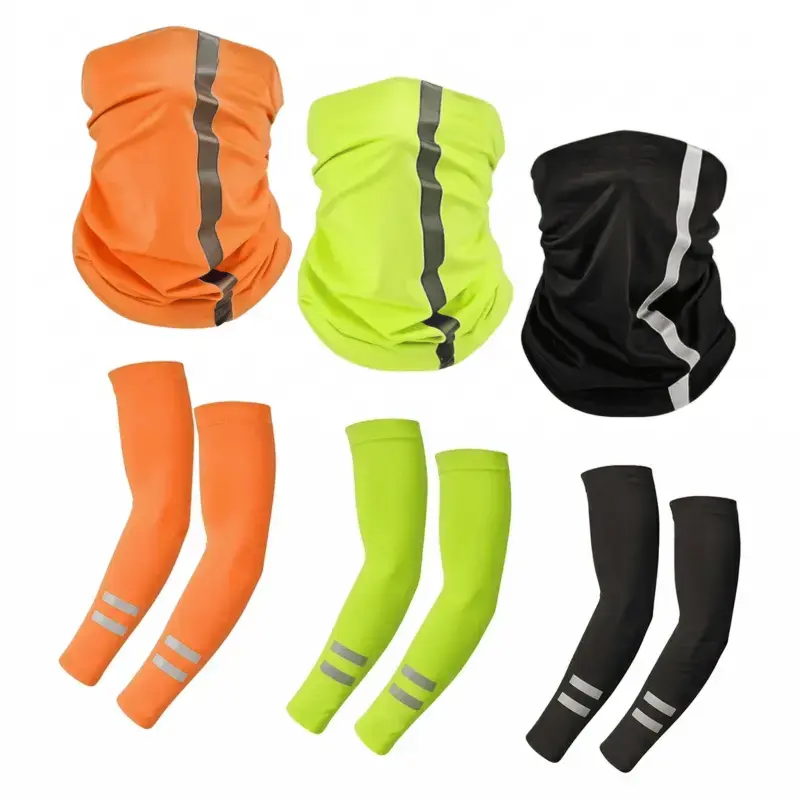 Hi Vis Reflective Neck Gaiter and Arm Sleeves Set with UV Protection and Cooling Fabric, Bright Safety Gear for Night Running, Outdoor Work, Construction, Cycling and Hot Weather, Lightweight Breathable High Visibility Protective Wear