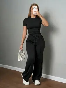 Women's Spring Summer Two-Piece Set, Casual Minimalist Solid Color Round Neck Slim Fit Short Sleeve T-Shirt & Adjustable Drawstring Waist Straight Leg Pants