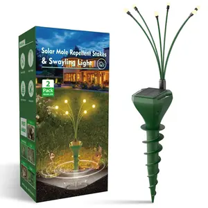 Solar Mole Repellent Stakes 2 Pack Ultrasonic Gopher Repeller with Firefly LED Lights IP65 Waterproof Pest Control for Moles Voles Groundhogs Snakes Safe for Pets Children