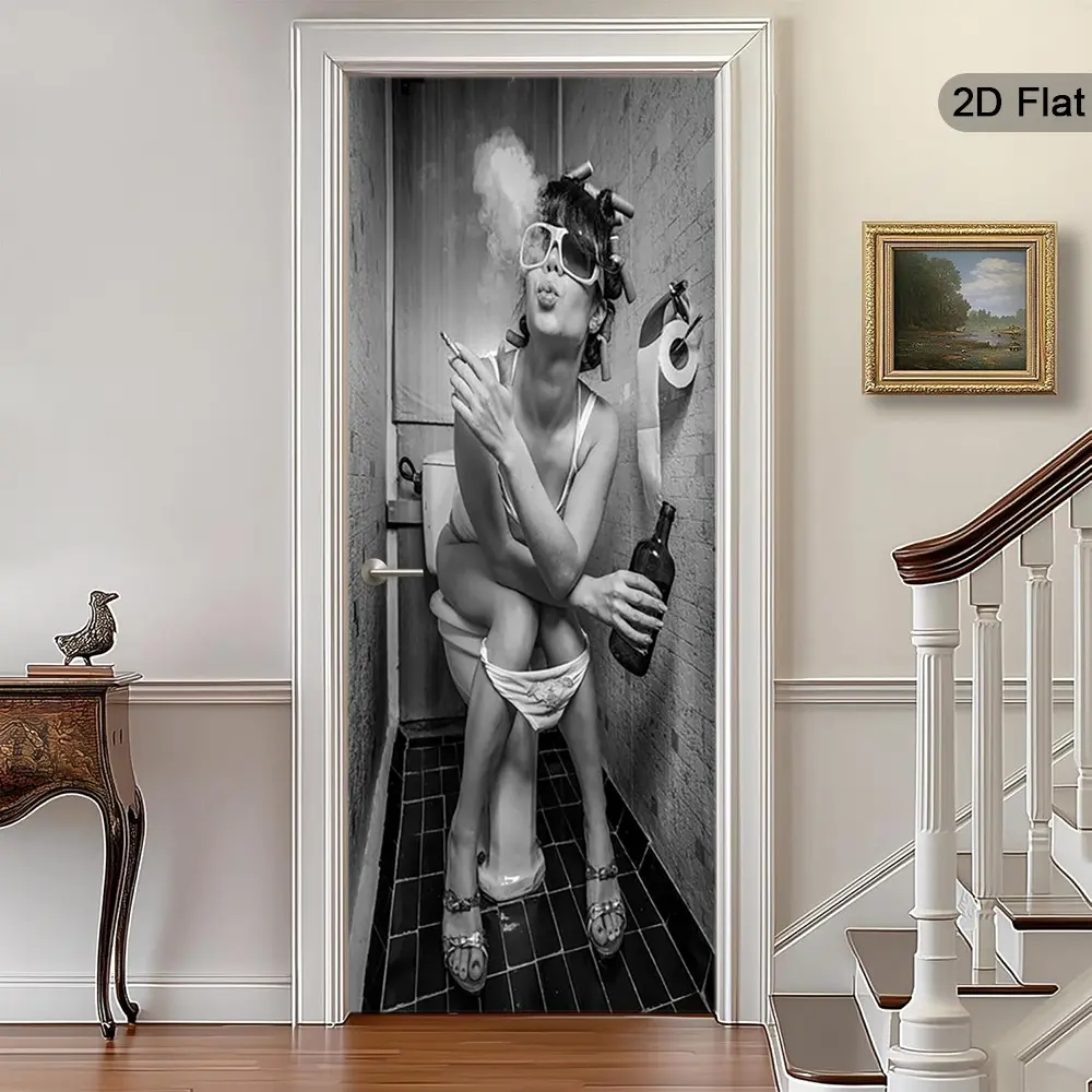 2D Flat Humorous Door Stickers, Retro Self-Adhesive Art Decals, Wall Decor, Bold Design, for Hallway, Porch, Living Room, Bedroom, Office, Home