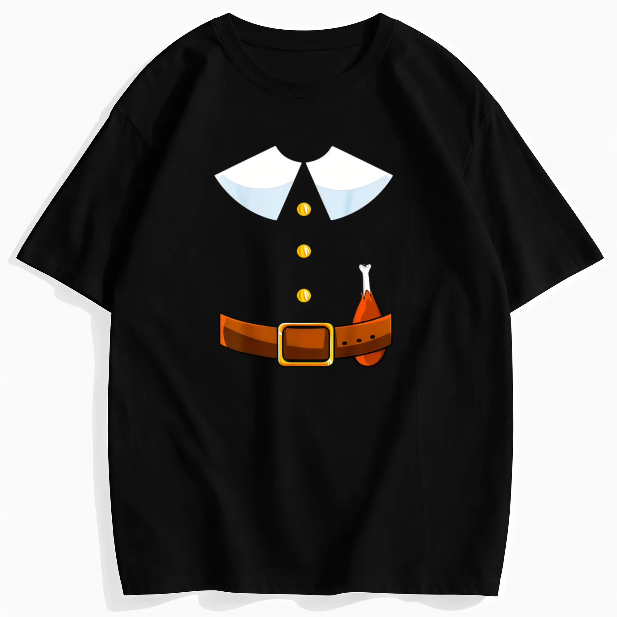 Men's 100% Cotton Pilgrim Costume T-Shirt with Turkey Leg & Mayflower Buttons - Funny Thanksgiving Outfit, Retro Pilgrim Attire for Turkey Day Parties, Parades & Colonial Events - Machine Washable All-Season Fit