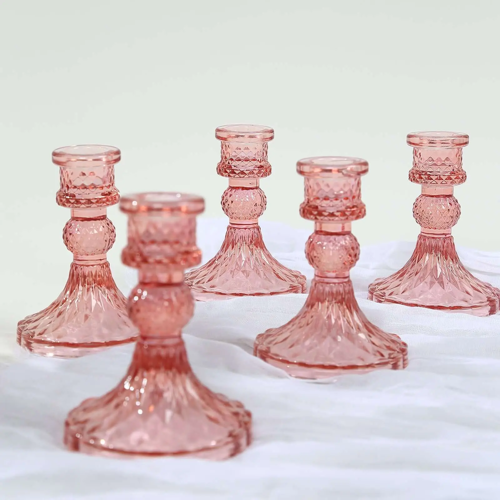 6-Pack 4" Diamond Pattern Dusty Rose Glass Taper Candlestick Holders - Reversible Crystal Pillar Votive Stands for Home Decoration, Tabletop, Wedding