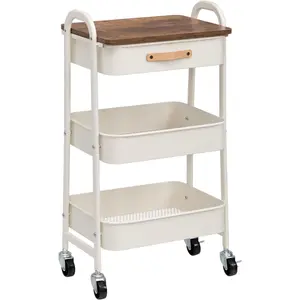 3 Tier Rolling Cart Organizer with Drawer, Craft Cart with Wheels for,, Office, Nursery Diaper, White