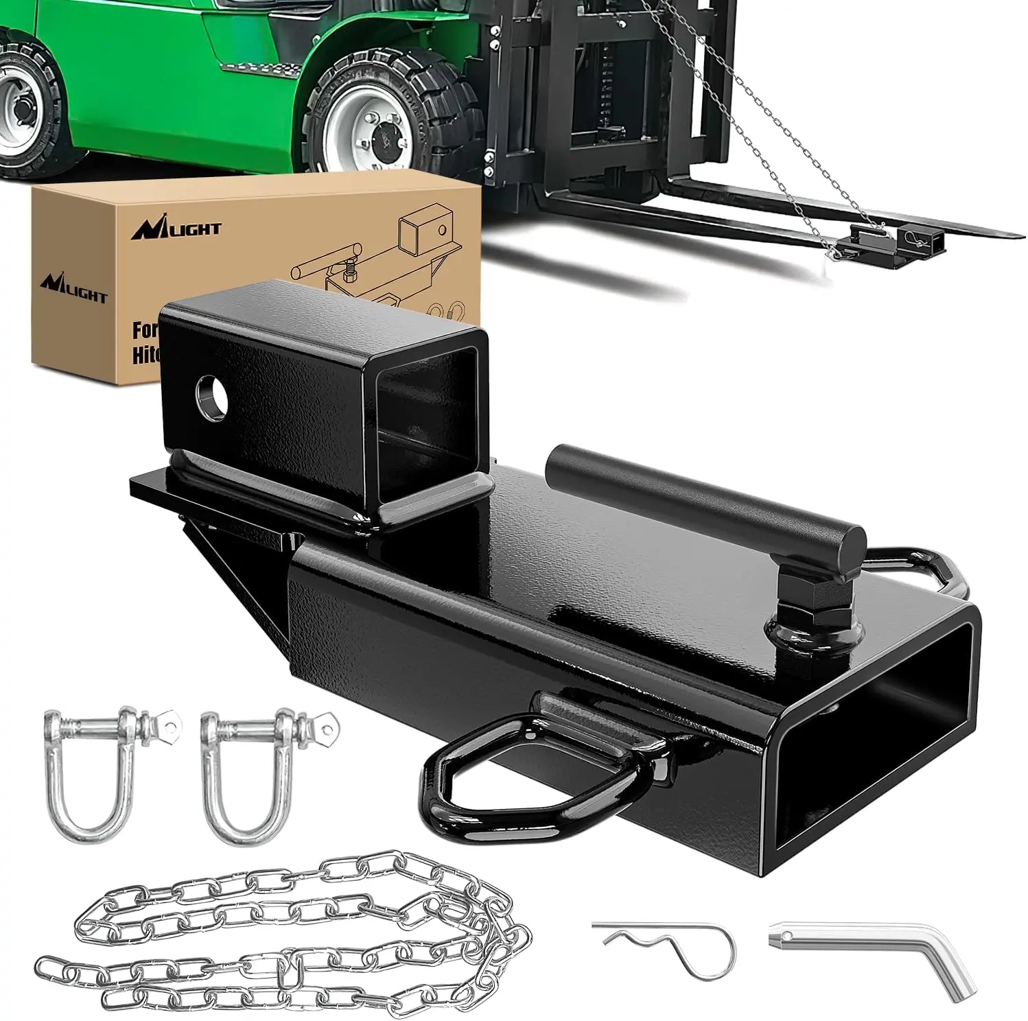Nilight Clamp-On Forklift Trailer Hitch Attachment - Heavy-Duty 1.3" Thick Steel, Weather-Resistant, 2-In Receiver Adapter with 5/8-In Pin Clip, Safety Chain, Black Pulley, 3000lb Capacity for Construction, Agriculture (1 x Forklift Pallet Fork), Heavy-Du