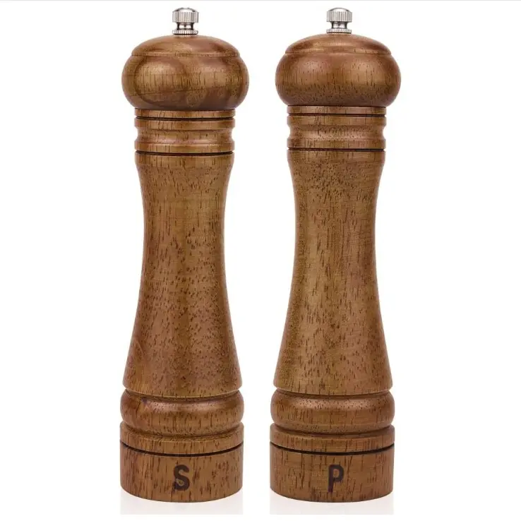 8-Inch Oak Wood Salt and Pepper Grinder Set – 2-Pack Adjustable Ceramic Rotor Mill with Salt Shakers for Kitchen, Dining & BBQ – Rustic Wood Pepper Mill Set with Coarse to Fine Grind Settings
