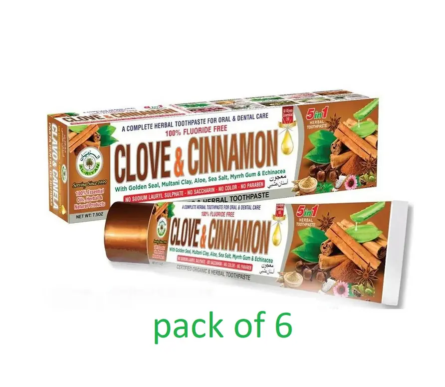 Organic Clove & Cinnamon Herbal Toothpaste Al Riyan-5 In 1-Fluoride free, 6-pack