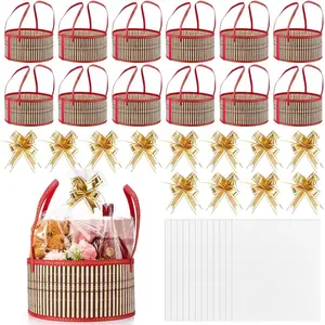 12 Set Mother's Day  Empty  Baskets to Fill, 12 Inch Large Foldable  Woven Hampers with Bows and Clear Cellophane Bags, DIY Make Your Own  Basket Kit for Wedding (Round)