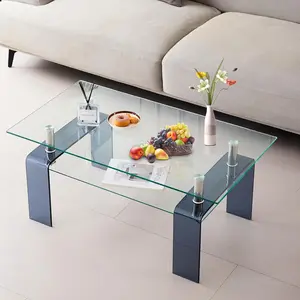 Tempered Glass Coffee Table with Glass Legs, Modern Small Coffee Table for Livingroom, Rectangle Center Table with Storage, Clear Tempered Glass Tabletop and Smoke Grey Leg,for Living Room and Office (Clear+Smoke)