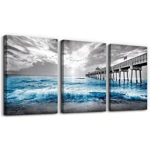 Wall Decorations For Living Room 3 Piece Framed Canvas Wall Art Black And White Wall Painting Blue Ocean Sea Wave Pictures