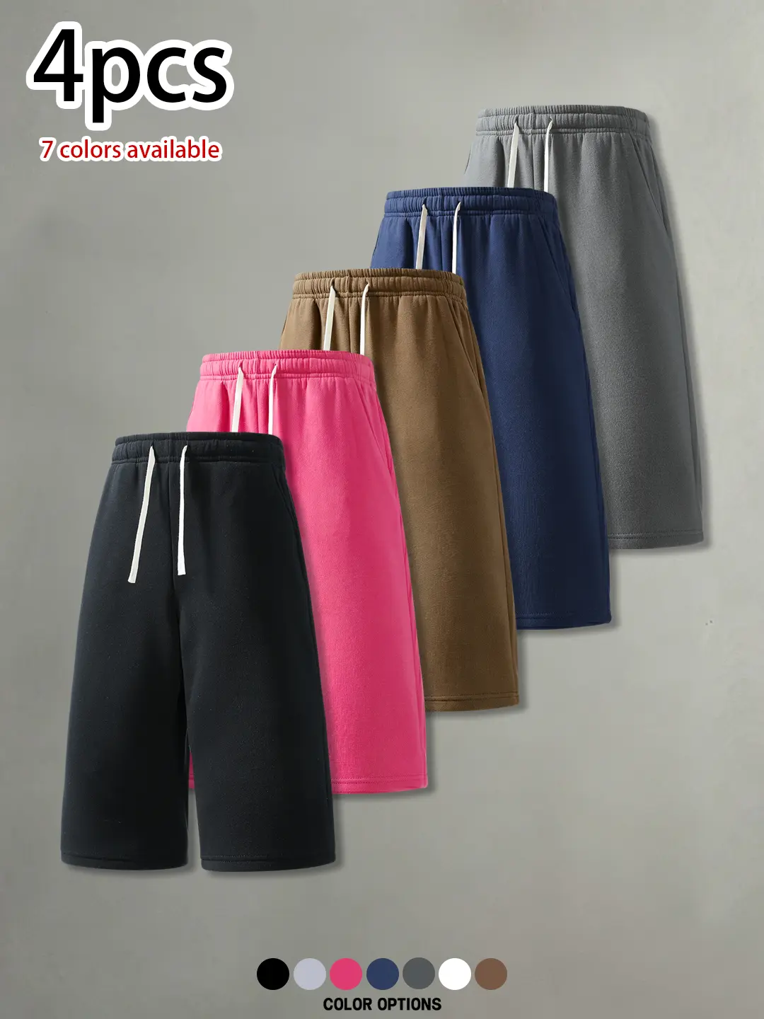 Pack of 4: summer men’s casual minimalist shorts—relaxed fit with a drawstring elastic waistband for comfort and skin-friendliness. Versatile seven-eighths shorts suitable for everyday wear, streetwear trends, fitness, and sports.