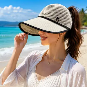 Women's Wide Brim Straw Sun Visor - UPF 50+ Breathable Ponytail Friendly Hat, Foldable Beach Cap for Golf & Outdoor Activities