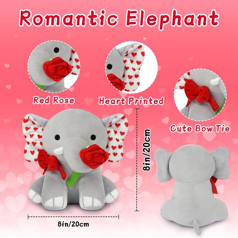 Valentine's Day Plush Elephant with Rose, 8in Valentine's Day Elephant Stuffed Animal,Valentine's Day Gift for Girlfriend,Elephant Plush for Valentine's Day Home Decorations