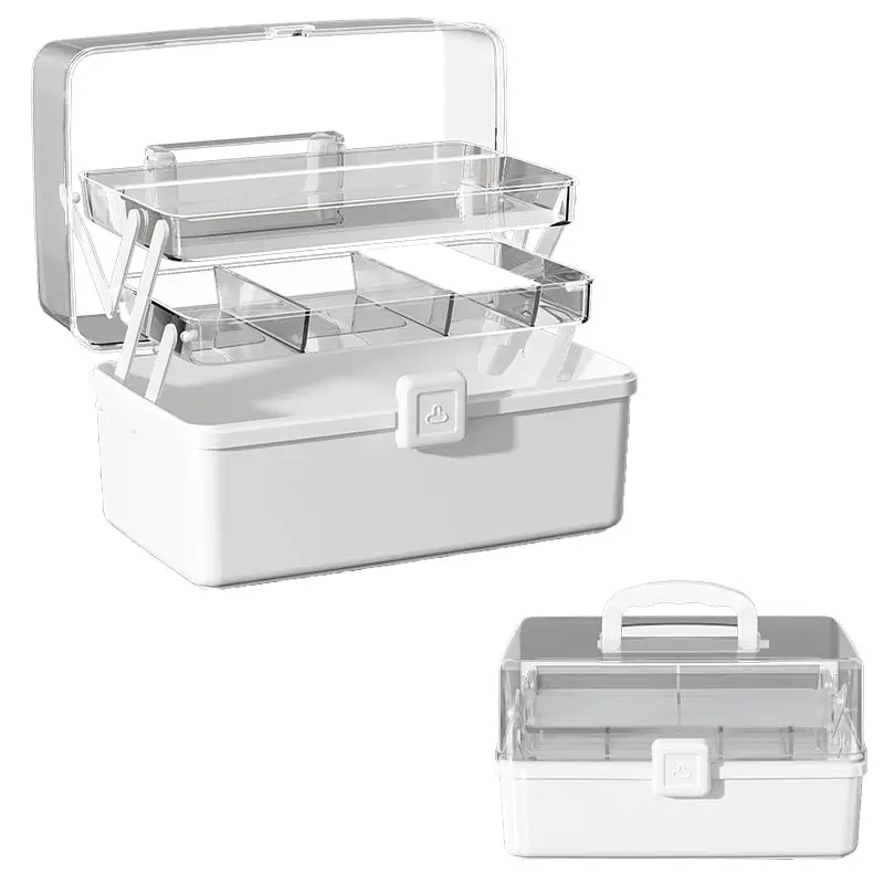 3-Tier Portable Plastic Storage Box with Fold-Open Handle, Multi-Layer Large Capacity Organizer Case for Home & Travel Use (Medicine, Art Craft Supplies)