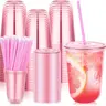 50-Pack 16 oz Lightweight Pink Pre-Packed Disposable Plastic Drink Cups with Lids and Straws, Round Bottom Iced Coffee Cups for Birthday, Christmas Parties, Yogurt Parfaits