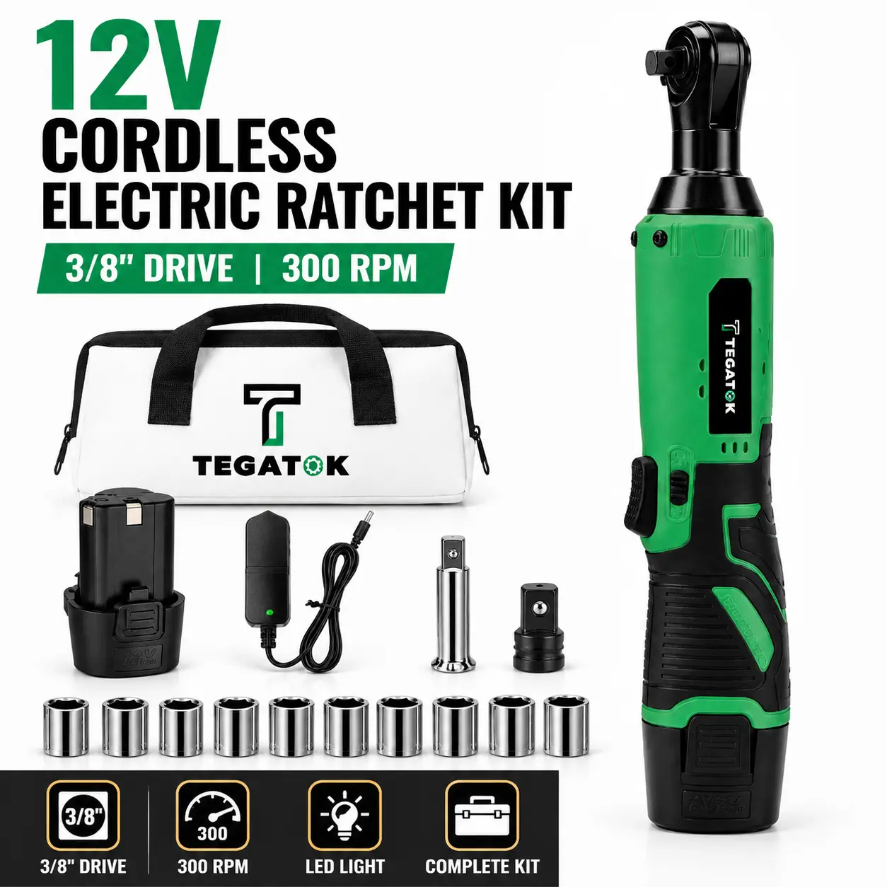 3/8" Cordless Electric Ratchet Wrench Kit, 12V Ratchet Tool with 2.0Ah Battery, Charger, Socket Set & LED Light for Auto Repair, Garage Maintenance & Home DIY