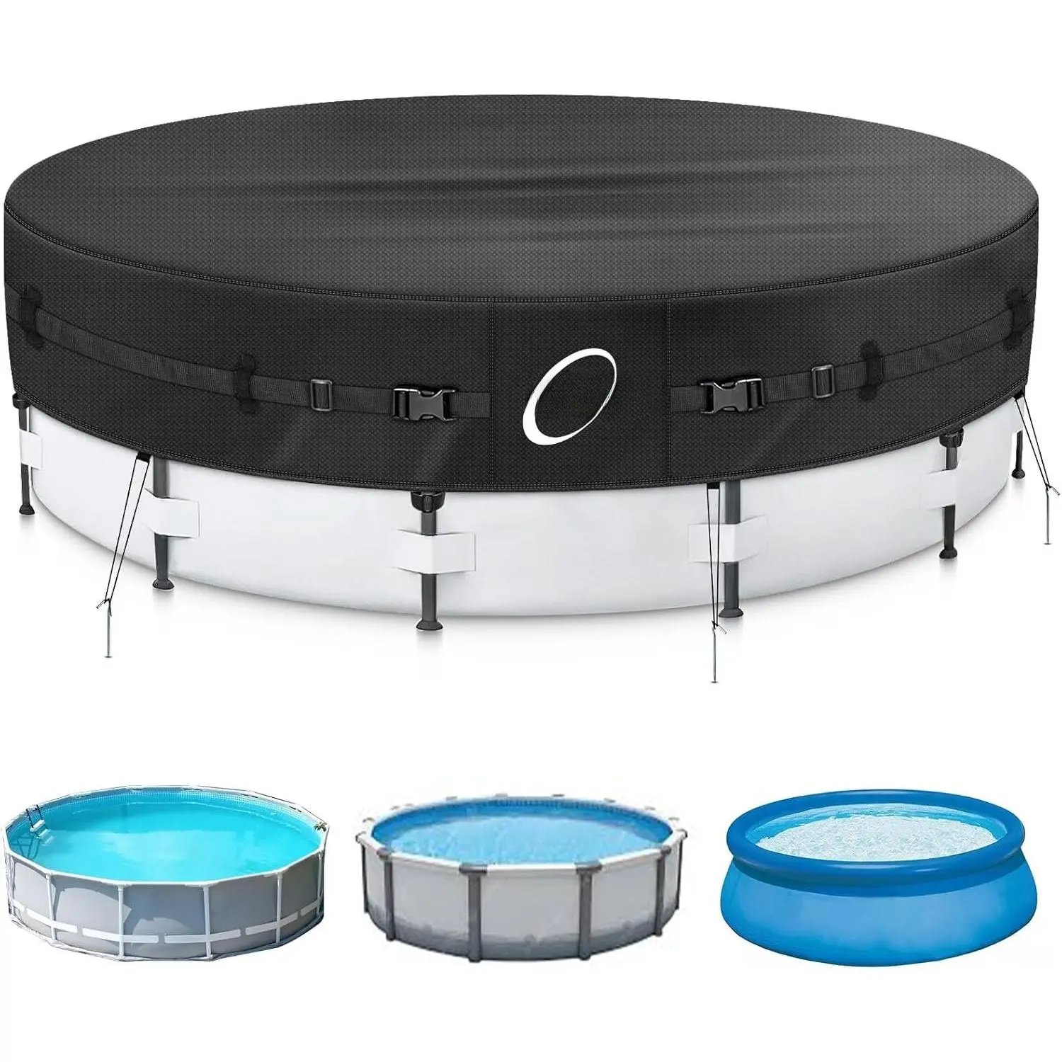 Heavy Duty 500D 12ft Round Pool Cover for Above Ground Pools, Swimming Pool Cover with Full Circle Straps, Anti-Slip Straps and Tent Stakes, Featuring Windproof,  and  Design
