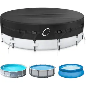 Heavy Duty 500D 12ft Round Pool Cover for Above Ground Pools, Swimming Pool Cover with Full Circle Straps, Anti-Slip Straps and Tent Stakes, Featuring Windproof,  and  Design