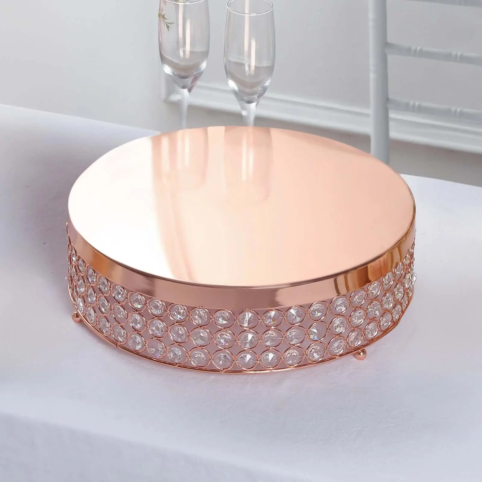 14" Rose Gold High-Capacity Metal Pedestal Cake Stand with Crystal Beads, Indoor Cake Decorating Supplies for Birthday Cupcake Stands