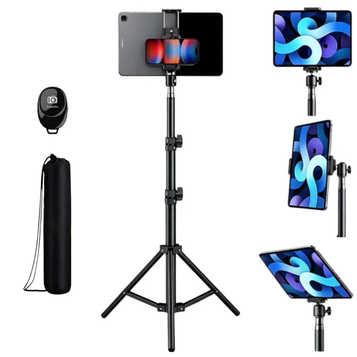 170cm Adjustable Floor Tripod Stand, 360° Rotatable Floor Mount Tablet Phone Holder Bracket with Remote Control & Carry Bag, Universal for 5-11.8" iPad, Tablet, iPhone, Samsung Smartphones & Mobile Phones