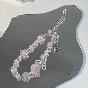 Kawaii Pink Phone Charm✨ Beaded Star & Bow Wrist Strap for Soft Girl Aesthetic Lovers Lightweight Durable Phone Accessory with Crystal Style Beads Pastel Stars & Bow Pendant Perfect for Daily Use & Styling