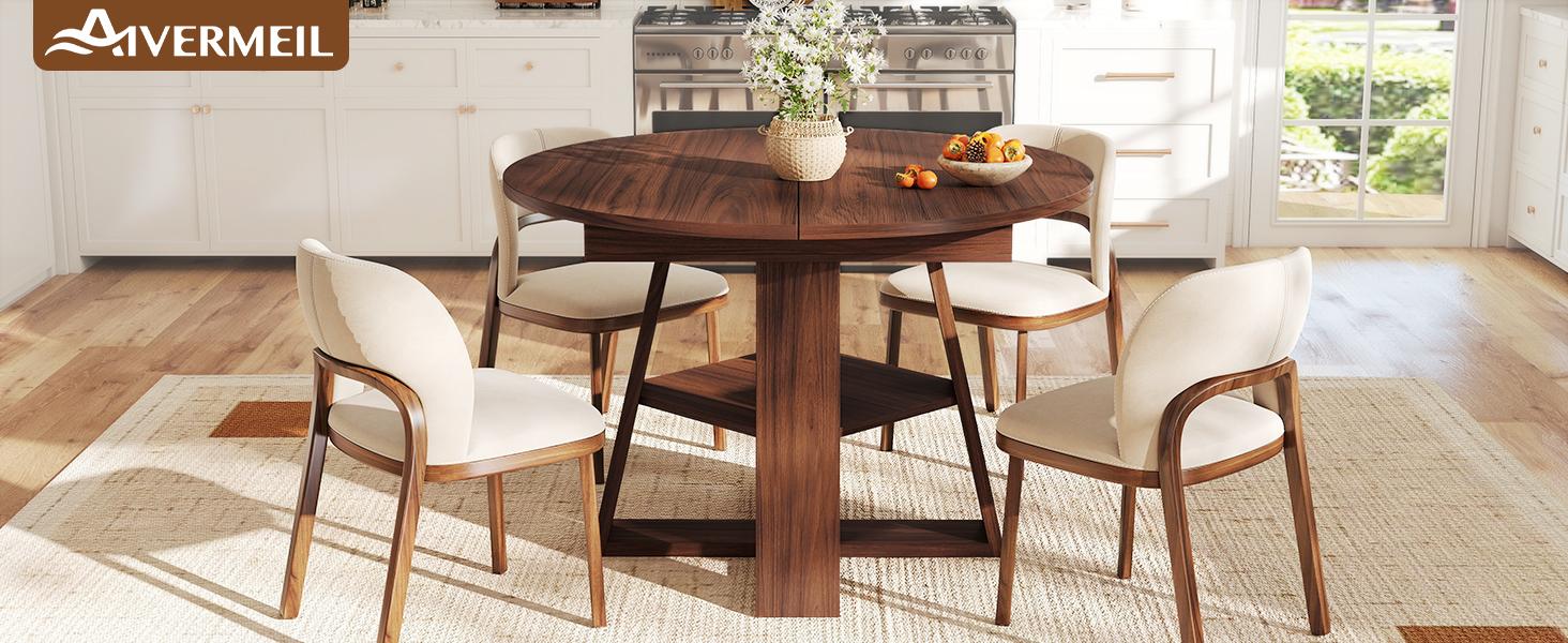 43.3‑59 in Extendable Oval Dining Table for 4‑6, Engineered Wood Round Dining Table with Hidden Extension Storage & Bottom Shelf, Space‑Saving Modern Kitchen Living Room Tables (Walnut)
