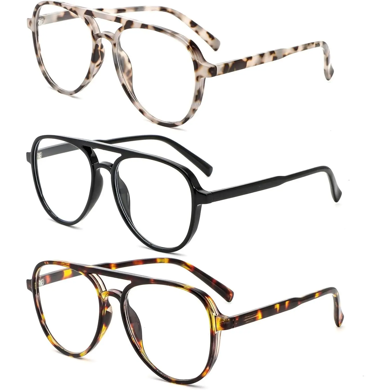3 Pack Retro Aviator Reading Glasses for Women & Men, Lightweight Plastic Frame Computer Readers with Blue Light Blocking, Quality Eyeglasses