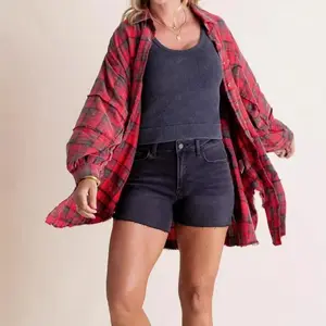 Women's Autumn and Winter New Frayed Lantern Sleeve Loose Button Plaid Shirt