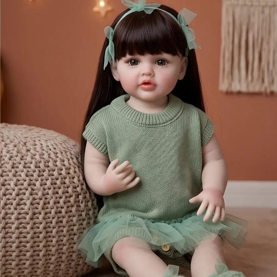 Lifelike Realistic Newborn Reborn Baby Doll - 55cm-22in Soft Vinyl, Cloth Weight Body, Long Hair, Cuddly Soft, Chubby Cheeks, Collectible, with Tops, Bottle & Pacifier, Toddler Toy, Ideal Birthday Gift, Cuddly Doll, Soft Dolls