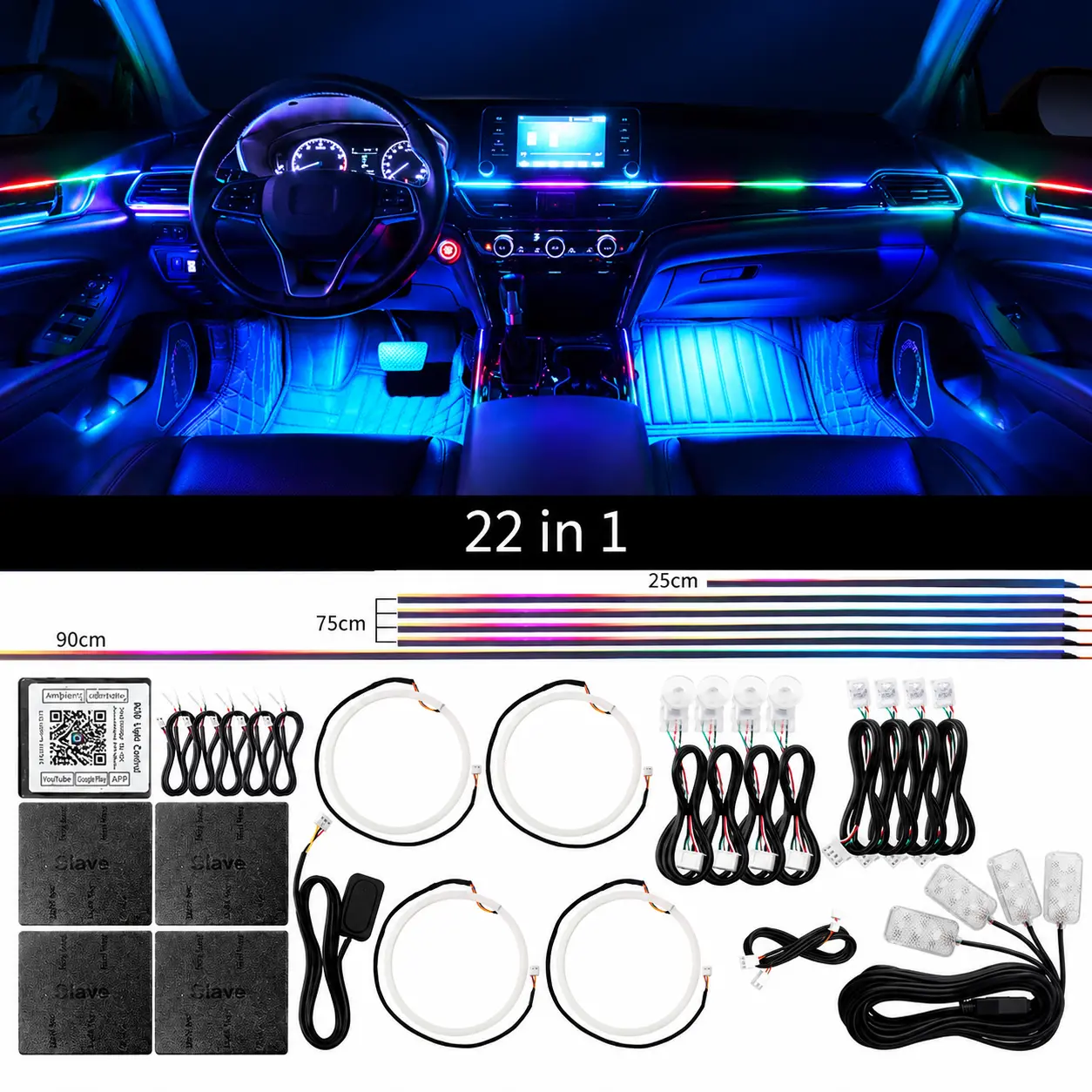 18-in-1 Streamer Ambient LED Lighting Kit, Full Color RGB Neon Acrylic Strip, App-Controlled, Multifunctional, Adjustable Color Interior Led Lights for Car, Multifunctional Ambient Lights